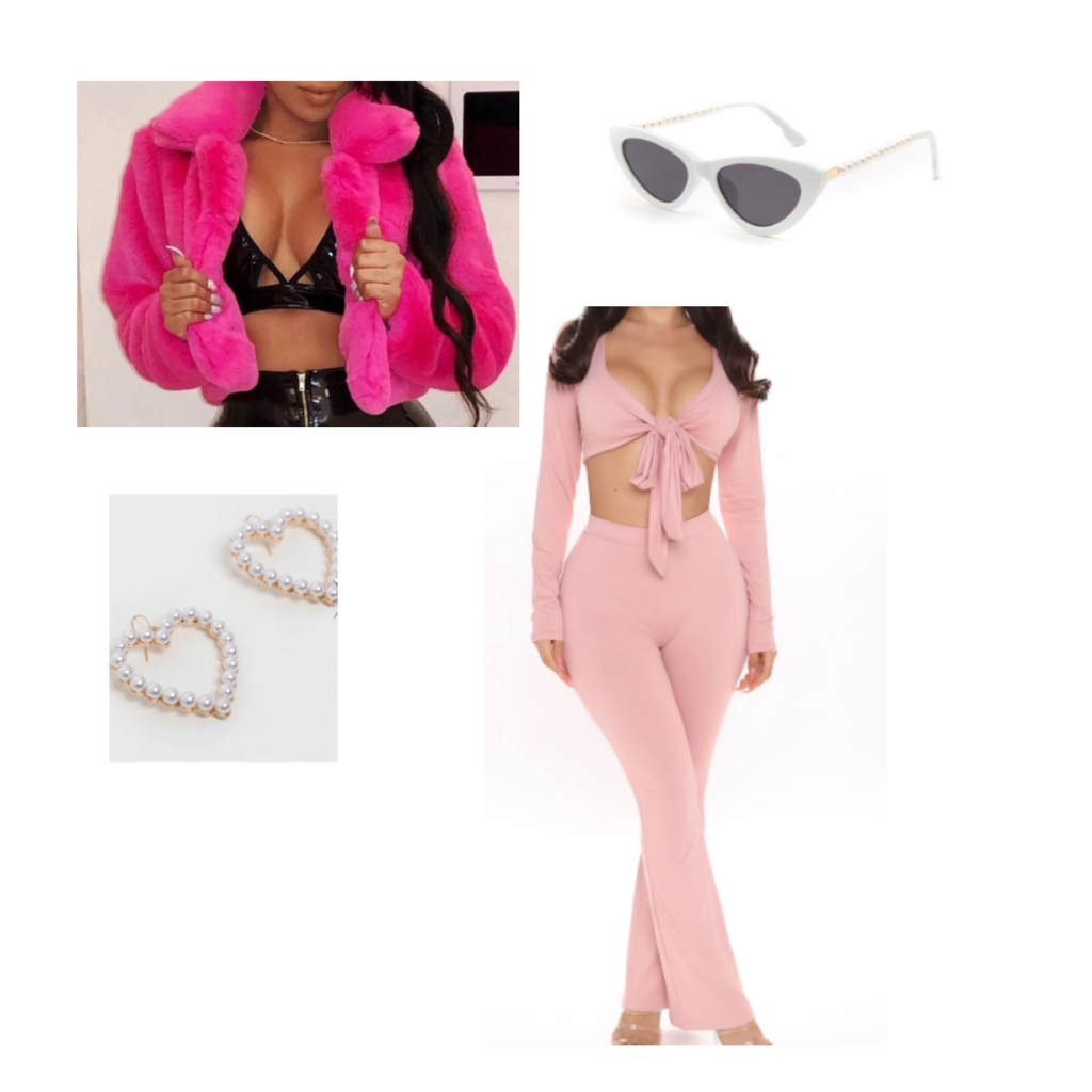 you need to calm down music video taylor swift inspired outfit set: baby pink matching set, hot pink fur jacket, cat eye sunglasses