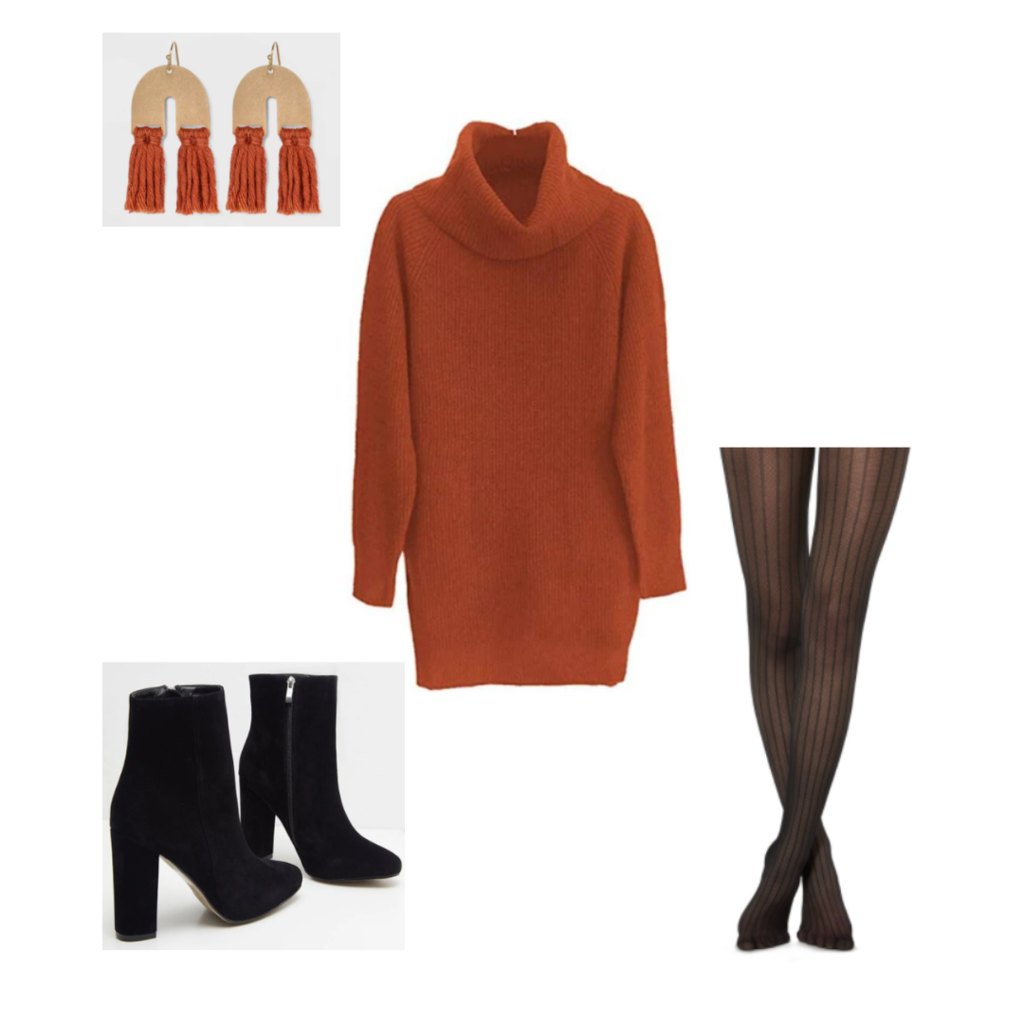 Set 2: orange sweater dress, pinstripe stockings, black booties, u-shaped orange tassel earrings