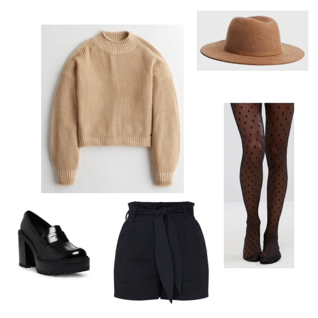 Outfit set 3: black paper bag shorts, polka dot tights, brown knit sweater, tan wide brim felt hat, and loafer platforms