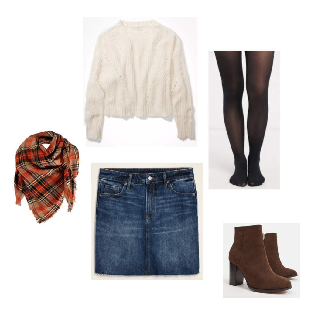 Outfit Set 1: black tights, denim skirt, cream knit sweater, plaid fall scarf, and brown boots