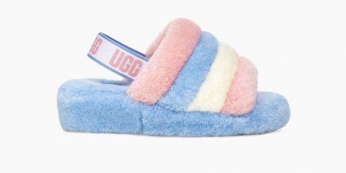 Christmas gifts for college girls - ugg slingback fur slippers in light blue, light pink, and cream stripe