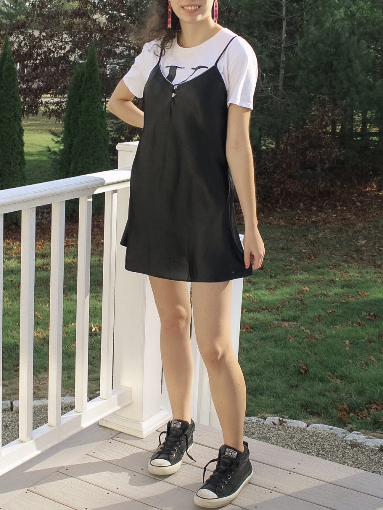 Photo of the author's outfit with a slip dress and t-shirt