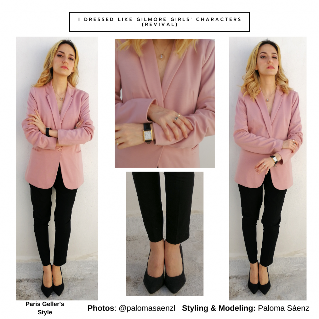 Paris Geller inspired outfit from Gilmore Girls a Year in the Life - pink suit with black pumps