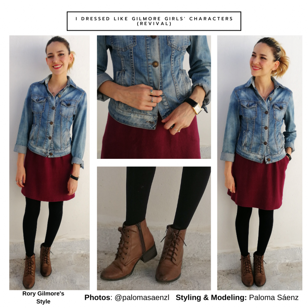 Rory Gilmore inspired outfit from The Revival: Red dress, black tights, brown heels, denim jacket