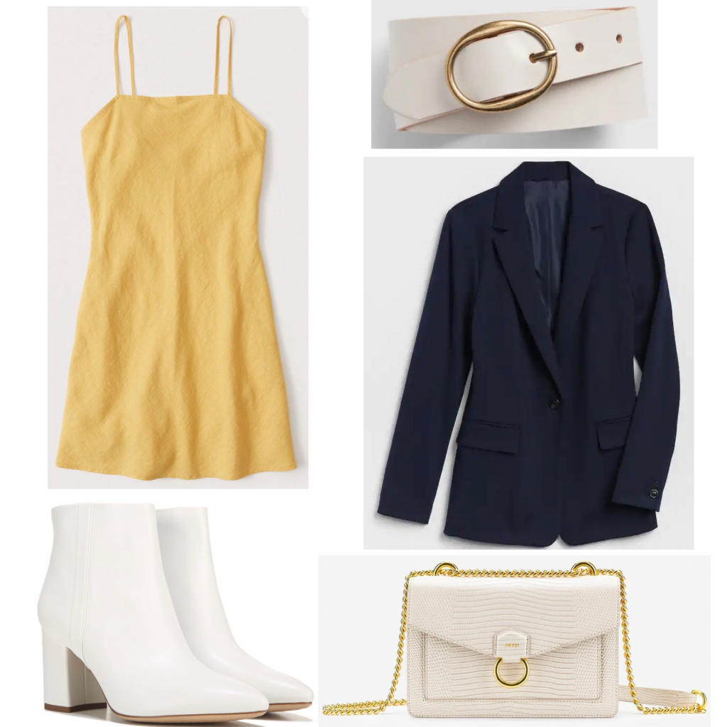 Criminal Minds outfits: Aaron Hotchner, Outfit set featuring a yellow dress and navy blazer