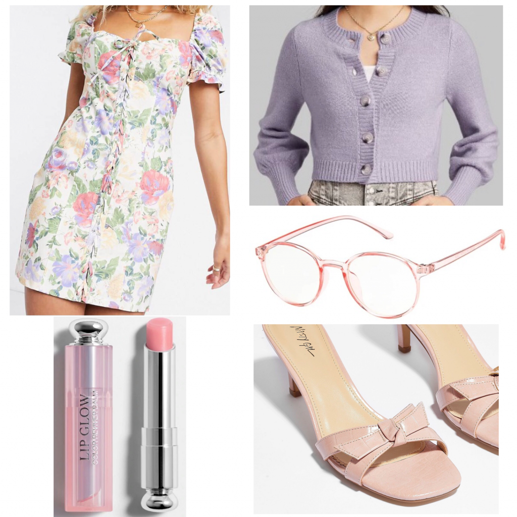 Penelope Garcia outfit set featuring a floral dress and lavender cardigan