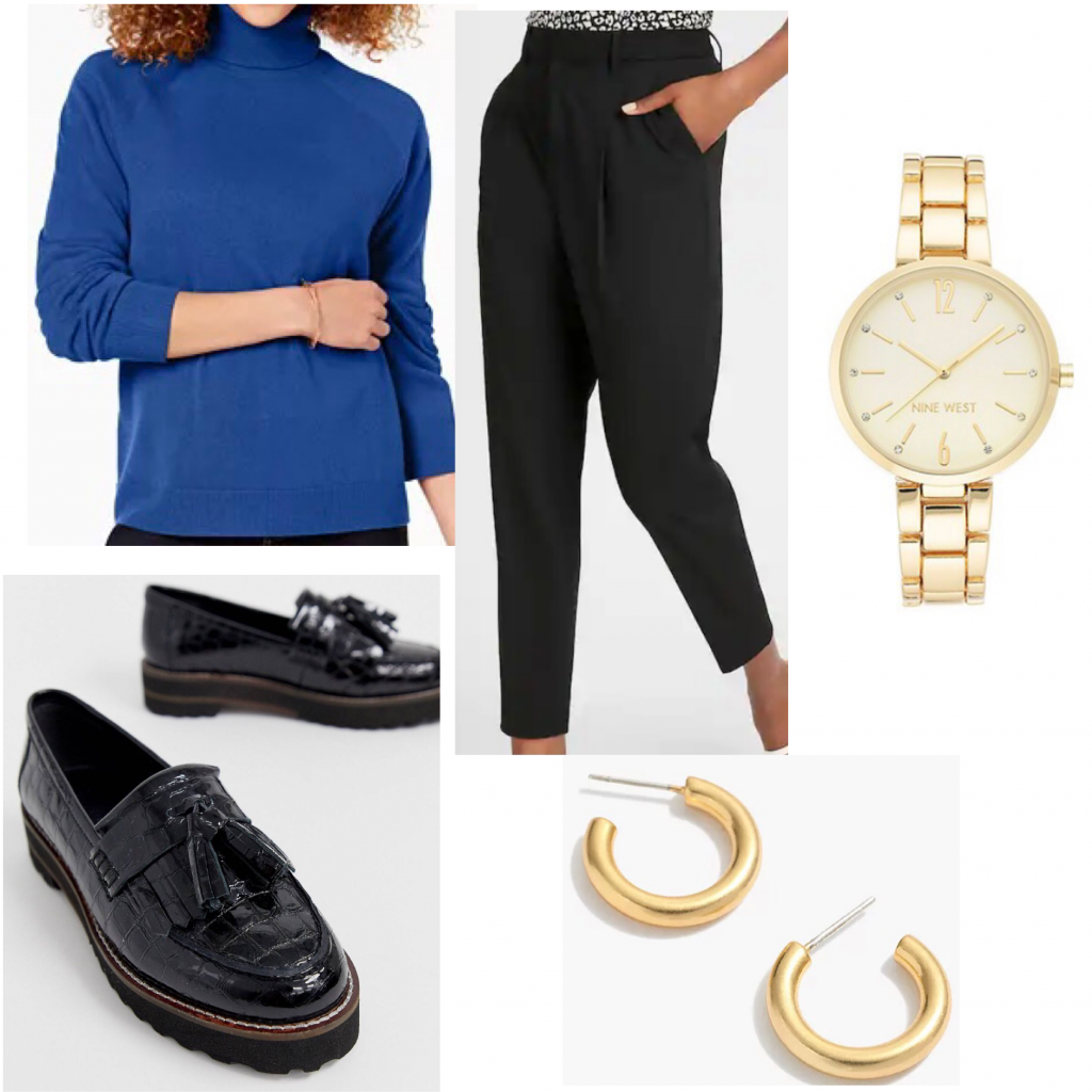 Emily Prentiss outfit set from Criminal Minds featuring a blue turtleneck and black dress pants