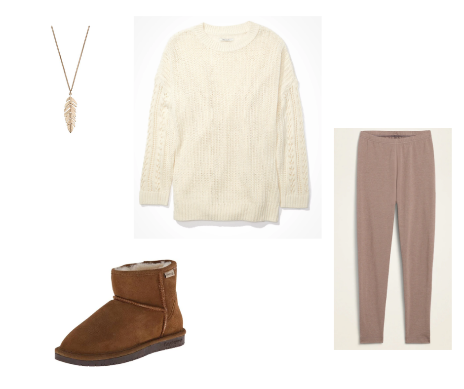 Outfit Guide 2: cream sweater, taupe leggings, brown soft booties, gold feather necklace