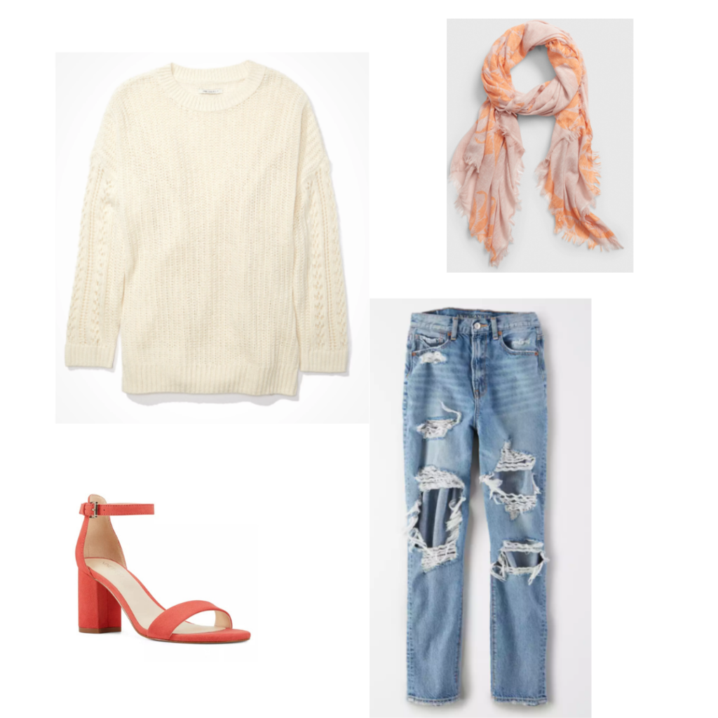 Outfit Guide 6: cream sweater, ripped jeans, orange scarf, orange heels