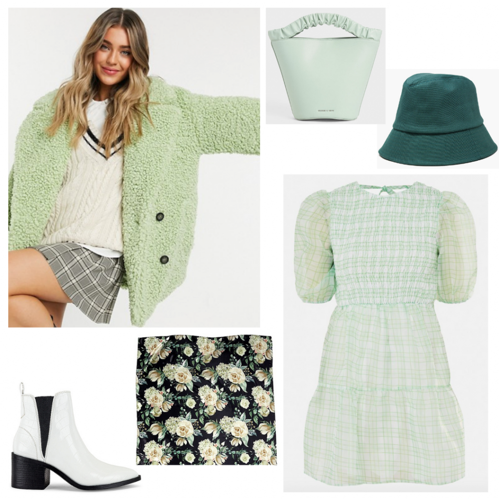 Emily in Paris green plaid outfit with fuzzy jacket, green plaid dress, white boots, bucket hat, mini bag, scarf