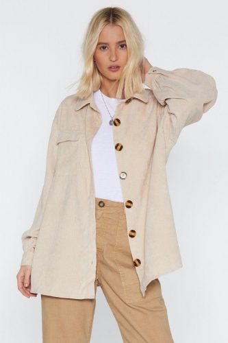 Ecru Oversized Corduroy Shirt with Button-Down Closure