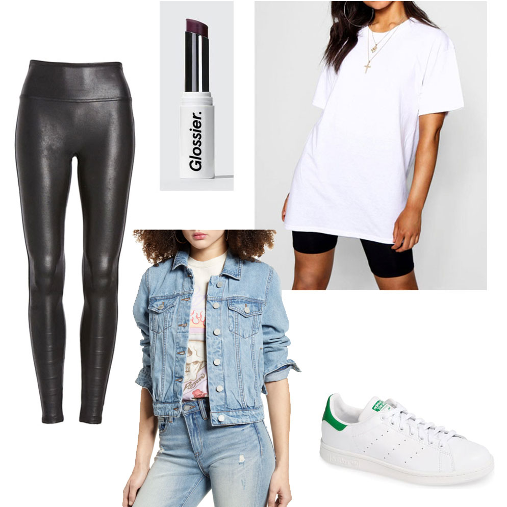 Lazy college outfits - white tee, leather leggings, oversized denim jacket, lipstick, stan smiths