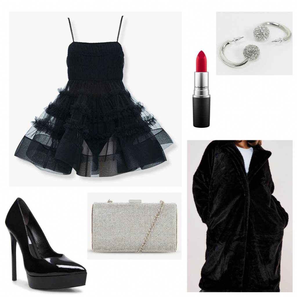 Emily in Paris little black dress outfit with tulle dress, oversized coat, pumps, glitter bag, earrings, red lipstick