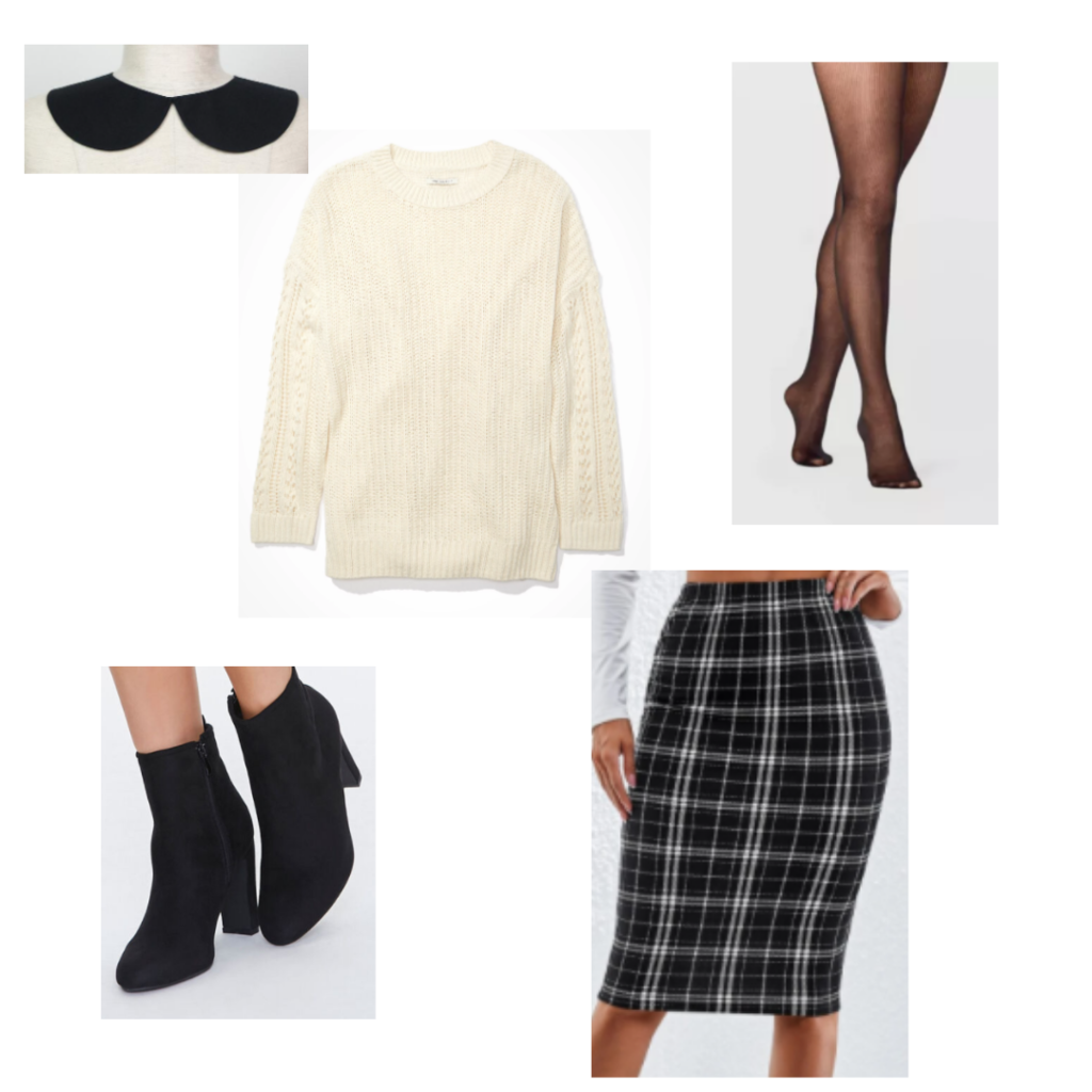 Outfit Guide 3: cream sweater, black knee-length plaid skirt, sheer black tights, black heeled booties, black collar