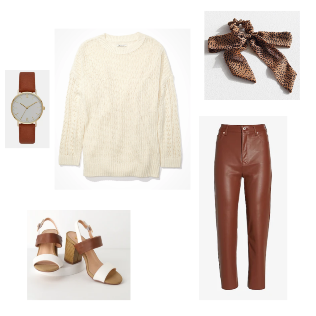 Outfit Guide 4: cream sweater, brown faux leather trousers, white and brown chunky heeled sandals, brown leather and gold watch, leopard print scrunchie