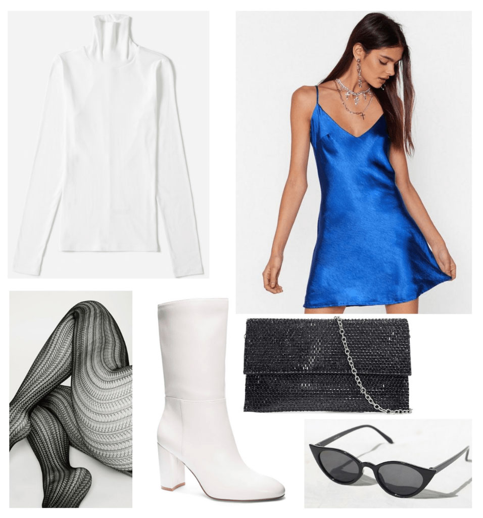 How to wear summer clothes in winter: outfit idea with slip dress, long sleeve tee, white boots, tights, sunglasses