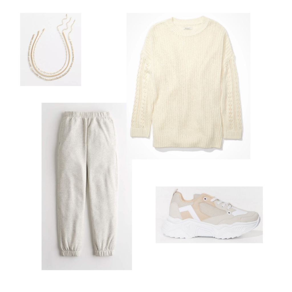 Outfit Guide 7: cream sweater, grey sweatpants, chunky neutral sneakers, layered gold chain necklace