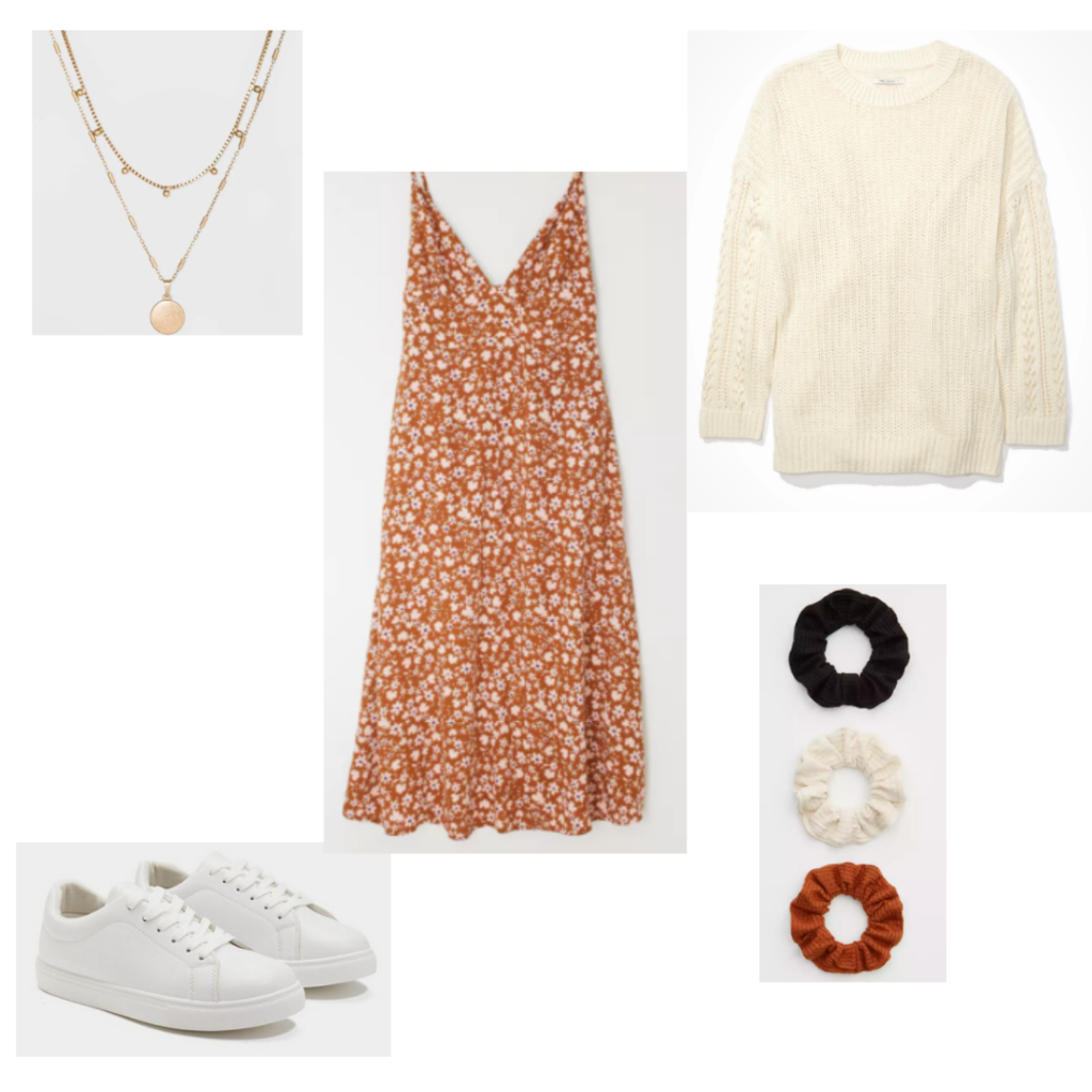 Outfit Guide 1: cream sweater, orange floral print dress, scrunchies, gold layered necklace