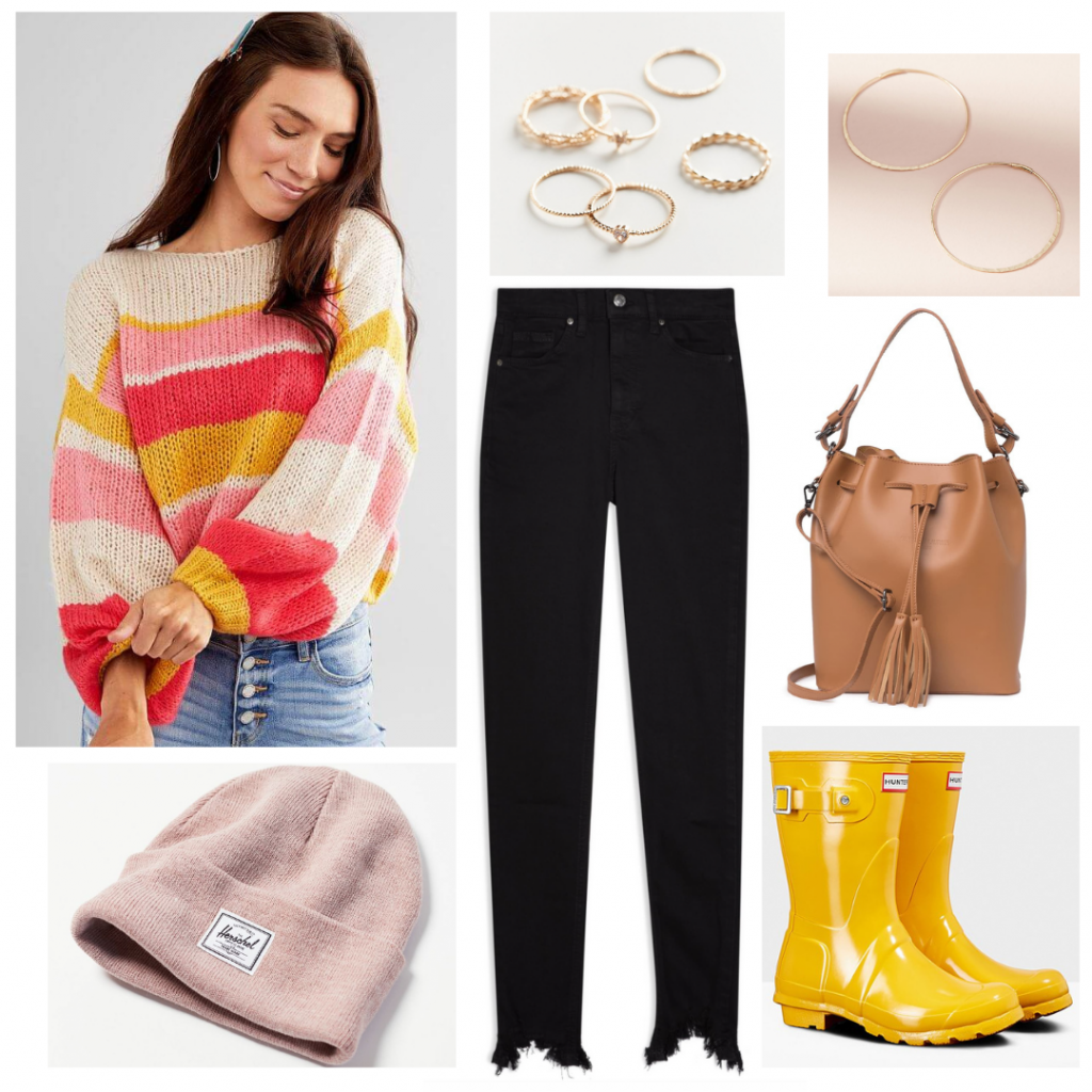 Emily in Paris fashion - sweater outfit with striped sweater, black jeans, yellow boots, beanie hat