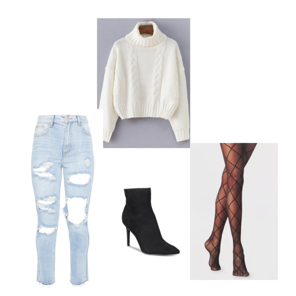 Set 6: ripped jeans, sheer stockings with bow pattern, black heeled booties, white sweater