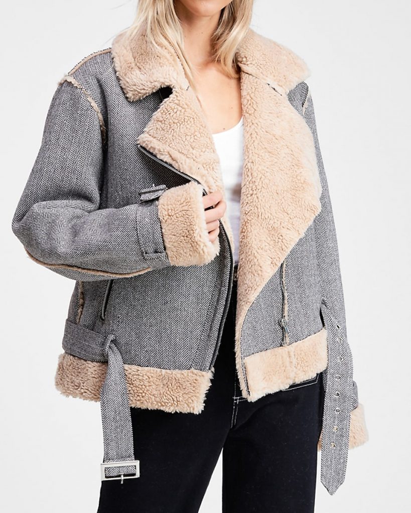 grey houndstooth shearling moto jacket