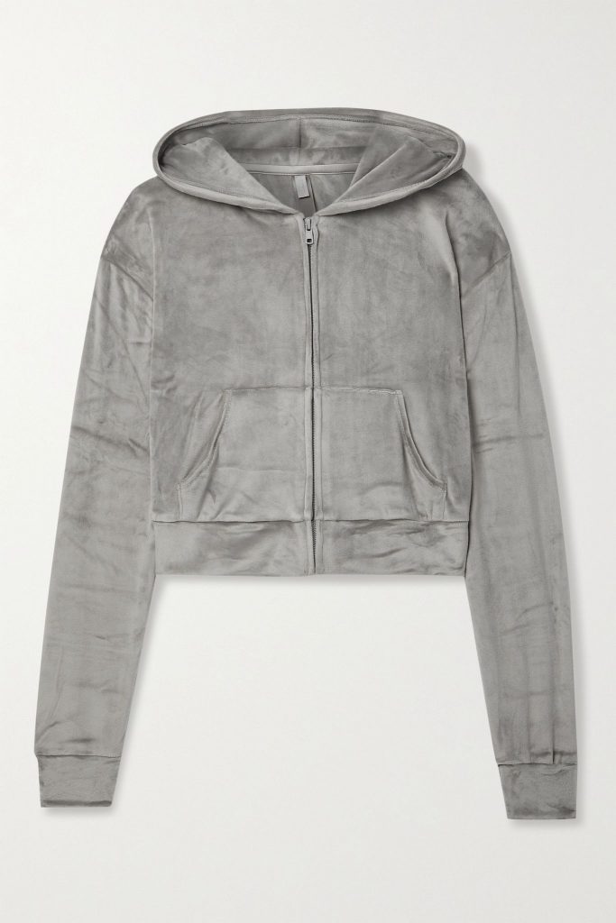 SKIMS cozy velour hoodie in grey, color trends 2021