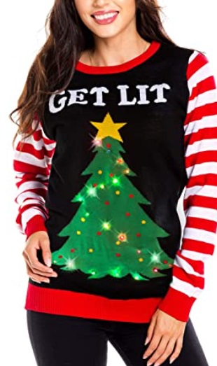 Elves Women's Light Up Christmas Sweater Black Lit Funny Ugly Christmas Sweater Female