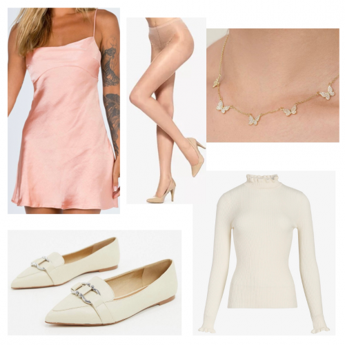 Outfit set featuring a pink dress and white turtleneck