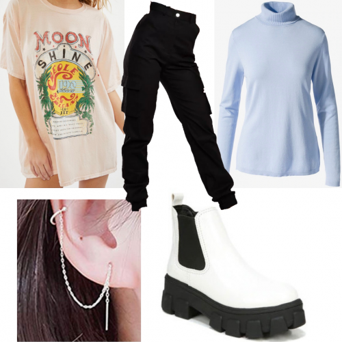 Outfit set featuring a graphic tee and a turtleneck sweater