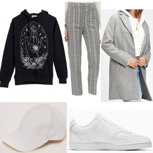 Outfit set featuring a graphic sweatshirt and coat