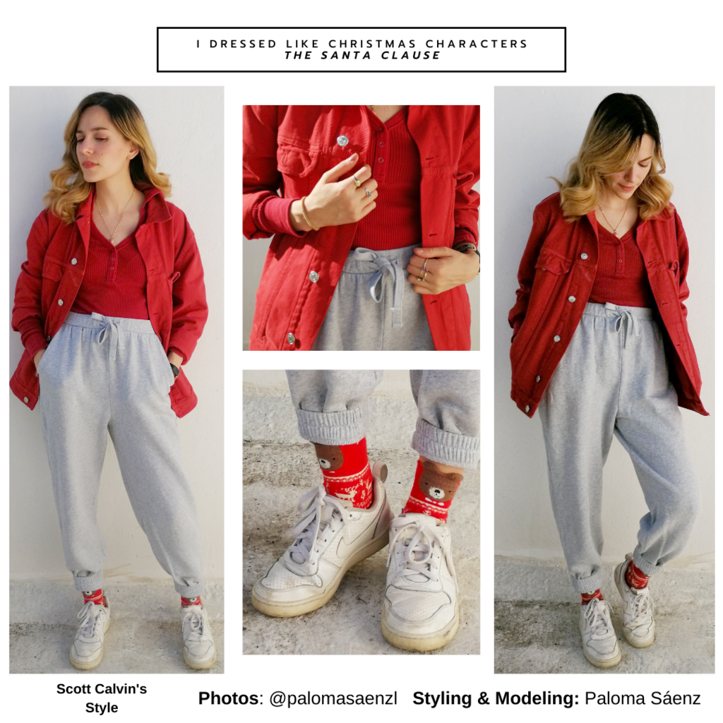 Christmas movie outfit inspired by Scott Calvin from The Santa Clause - gray sweatpants, red button down shirt, red sweater, Christmas socks, Nikes