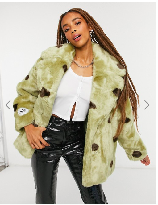 Faux fur green polka dot statement coat