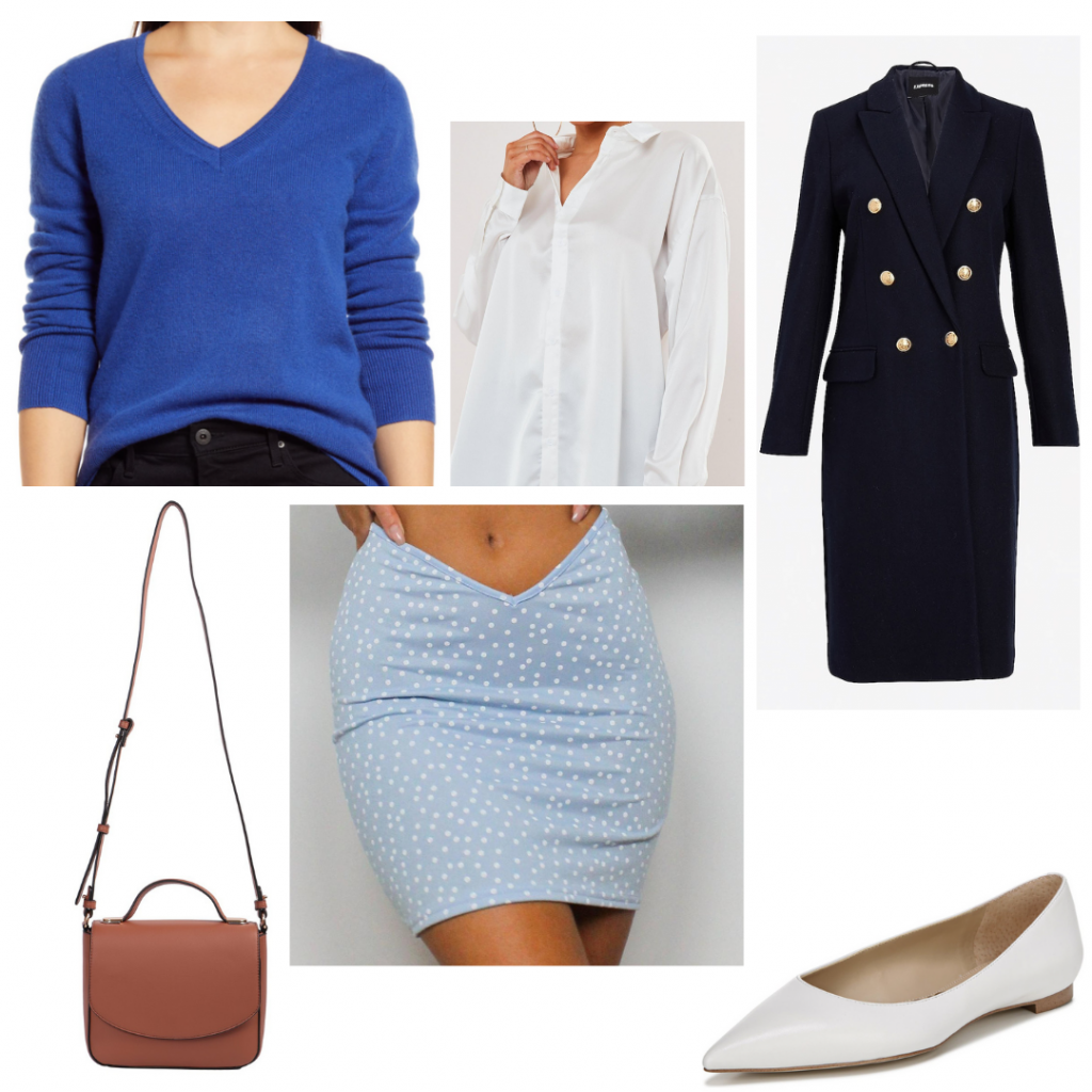 Princess Diana outfit inspired by her fashion sense on The Crown: Paparazzi photo look with blue polka dot skirt, royal blue v-neck sweater, white button-down shirt, double breasted navy coat, camel cross-body bag, white flats