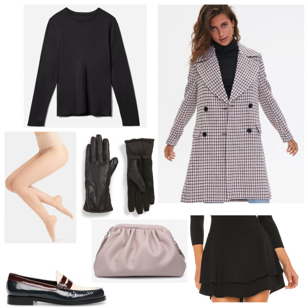 The Queen's Gambit fashion: Outfit inspired by Beth Harmon's style with checkered plaid coat, black mini skirt, loafers, black sweater, gloves