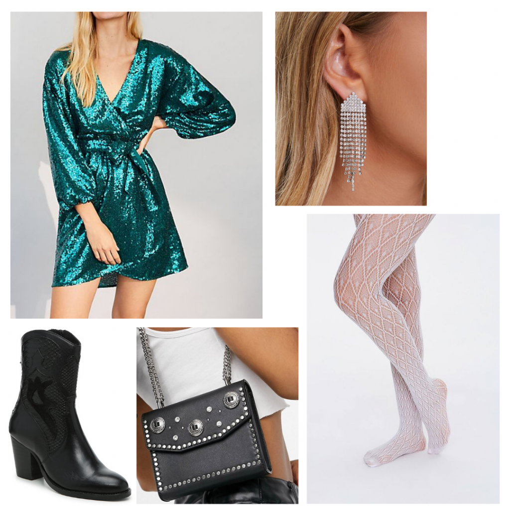 Chic New Year's eve outfit for 2020: Green glitter sequin dress, white patterned tights, black ankle boots, embellished purse, glitter earrings