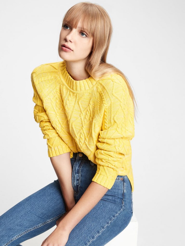 cableknit yellow crew neck sweater