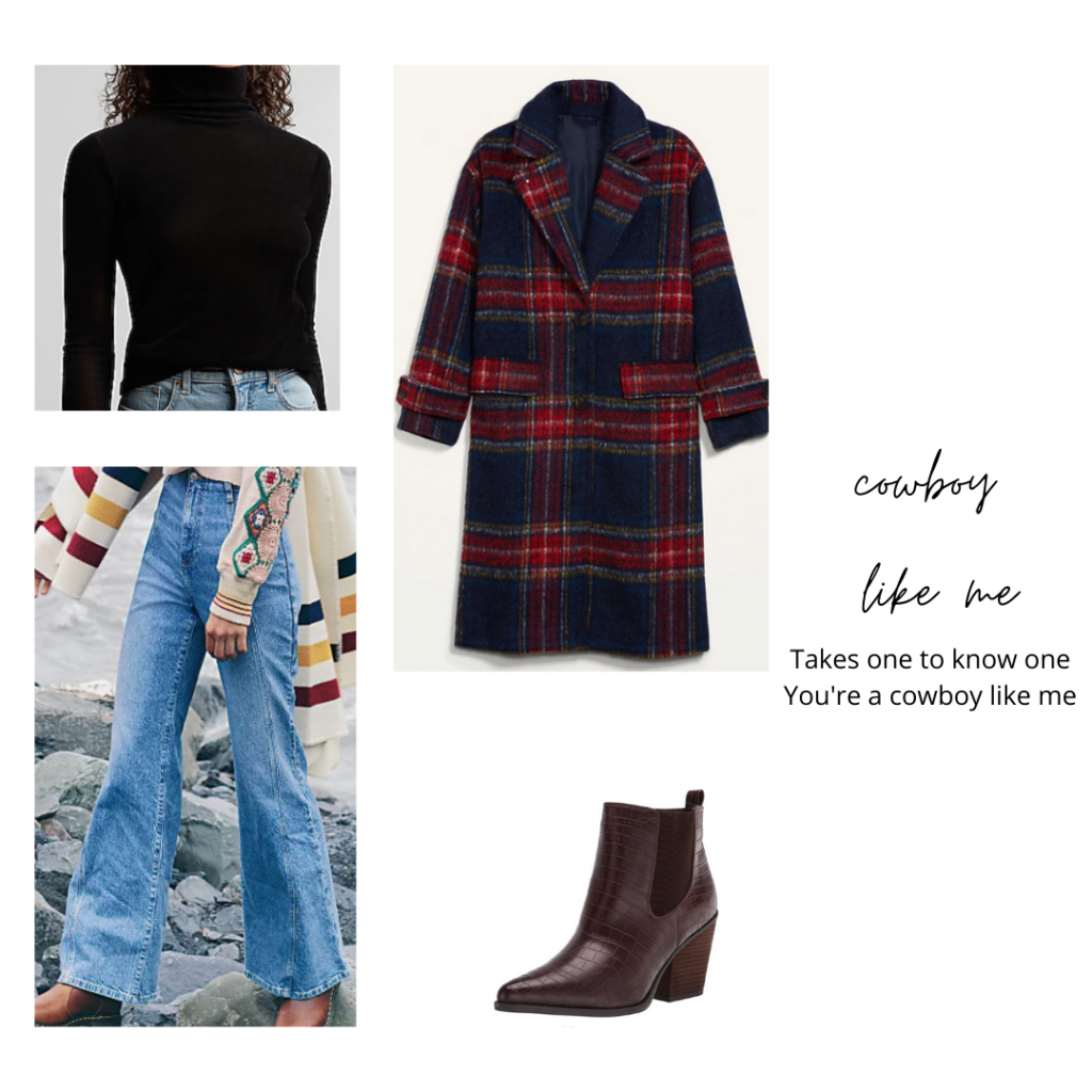 Taylor Swift evermore outfit inspired by the film Cowboy Like Me -- outfit with wide leg jeans, black turtleneck, plaid coat, ankle boots