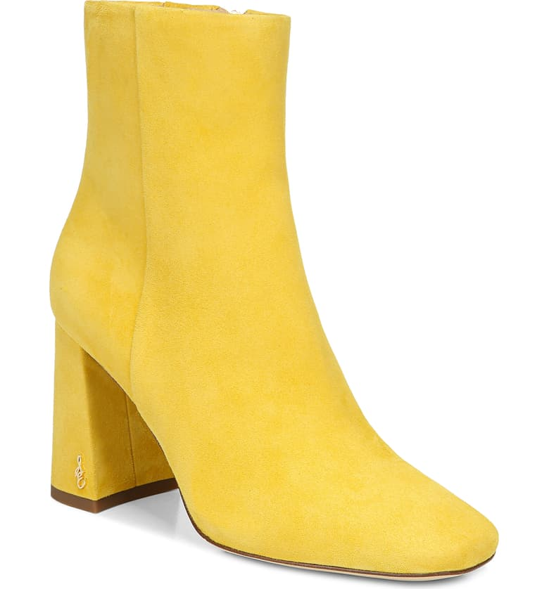 Yellow booties with chunky heels, color trends 2021