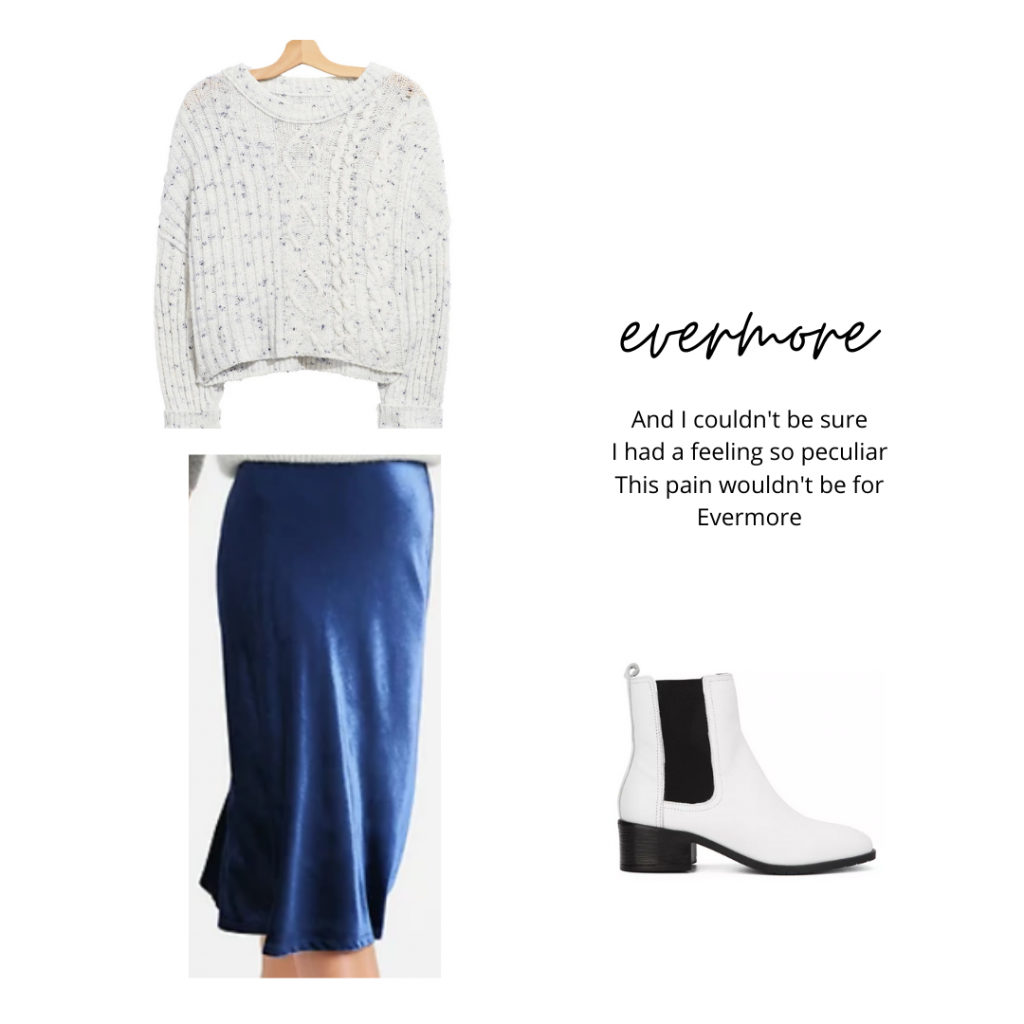 Outfit inspired by Taylor Swift's evermore: Blue midi skirt, cropped sweater, white ankle boots