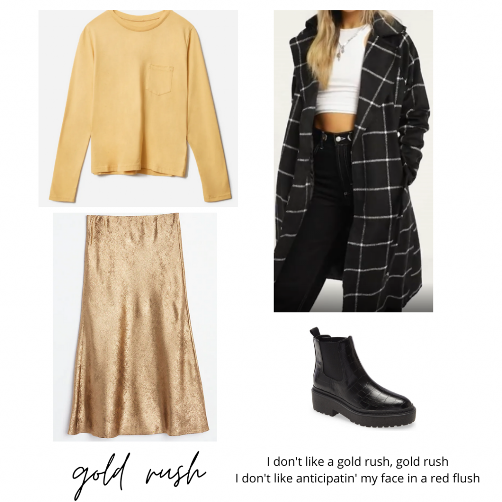 Taylor Swift evermore fashion guide: Gold skirt, yellow top, plaid coat, black chunky boots