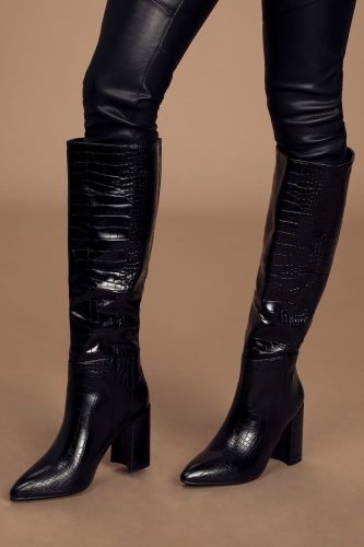 Lulu's Black Croc Pointed Toe Knee High Boots