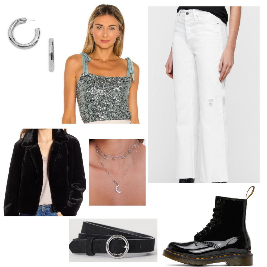 Casual New Year's Eve outfit with white pants, glitter crop top, fuzzy jacket, patent Doc Martens, layered jewelry