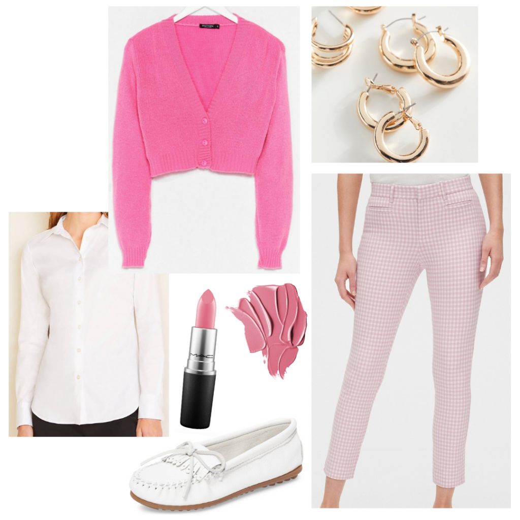 Princess Diana outfit: Pink rollerblading outfit inspired by Diana's style on The Crown with pink gingham pants, white loafers, pink cardigan sweater, white button-down shirt, pink lipstick, gold earrings