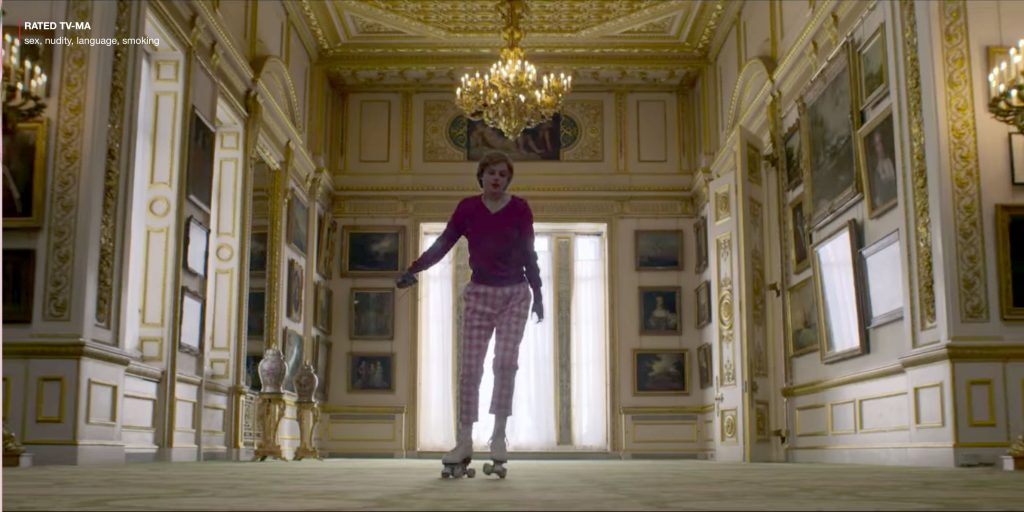 Screenshot of Princess Diana in The Crown rollerblading through Buckingham Palace in a pink outfit