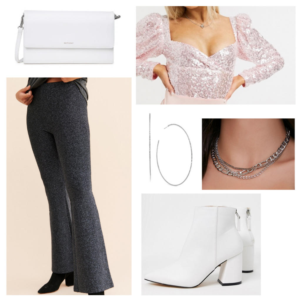 Casual chic new years eve outfit: Wide leg grey pants, white boots, sequin puff sleeve top, white crossbody bag