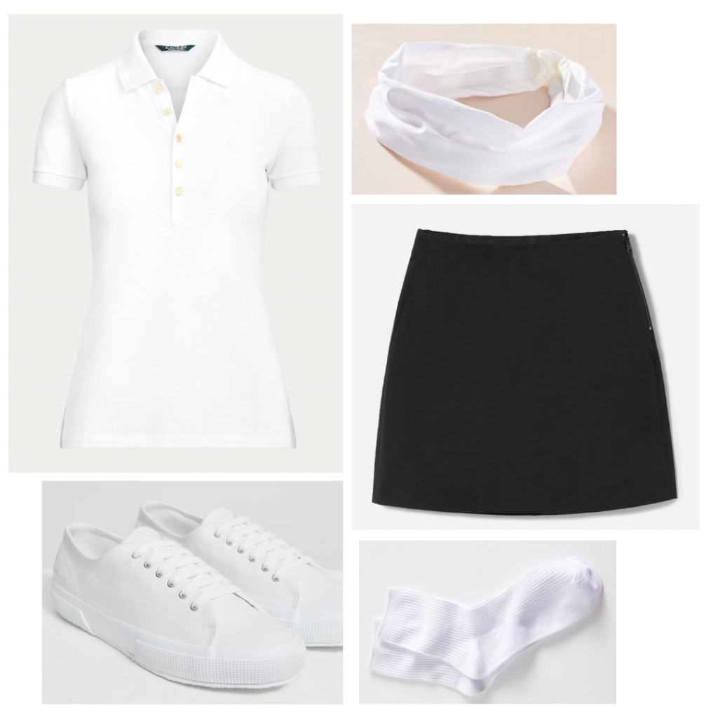 The Queens Gambit fashion: Outfit inspired by Beth's racketball/squash look with white polo shirt, black skirt, white headband, tennis shoes