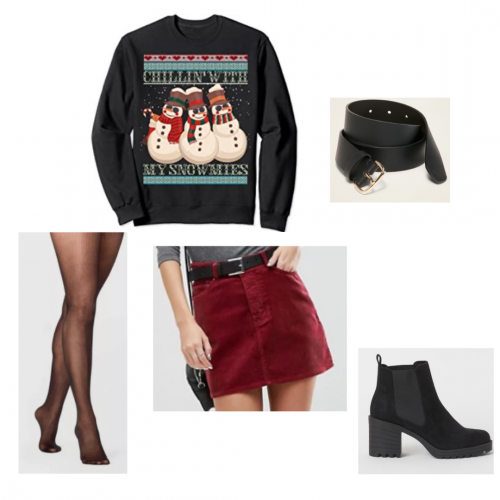 Outfit set: christmas snowman sweater, red velvet miniskirt, black belt, sheer tights, black booties