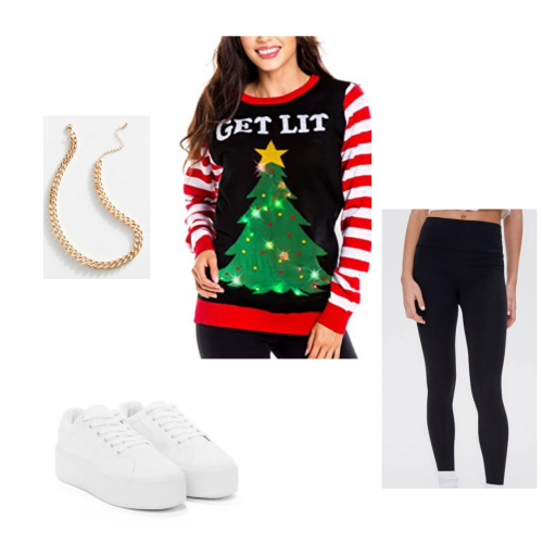 Outfit set 5: ugly elves sweater, black leggings, white sneakers, gold chain