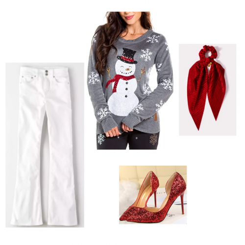 Outfit set: snowman sweater, white bell bottom jeans, red glitter heels, red scrunchie
