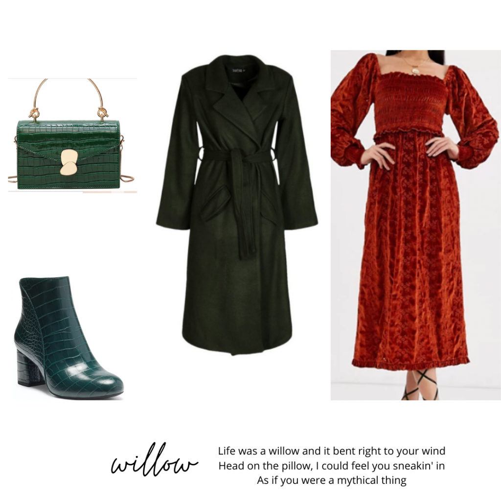 Taylor Swift evermore fashion guide: Red velvet dress, black trench, green accessories